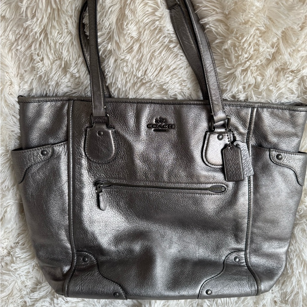 Metallic Silver Coach Tote